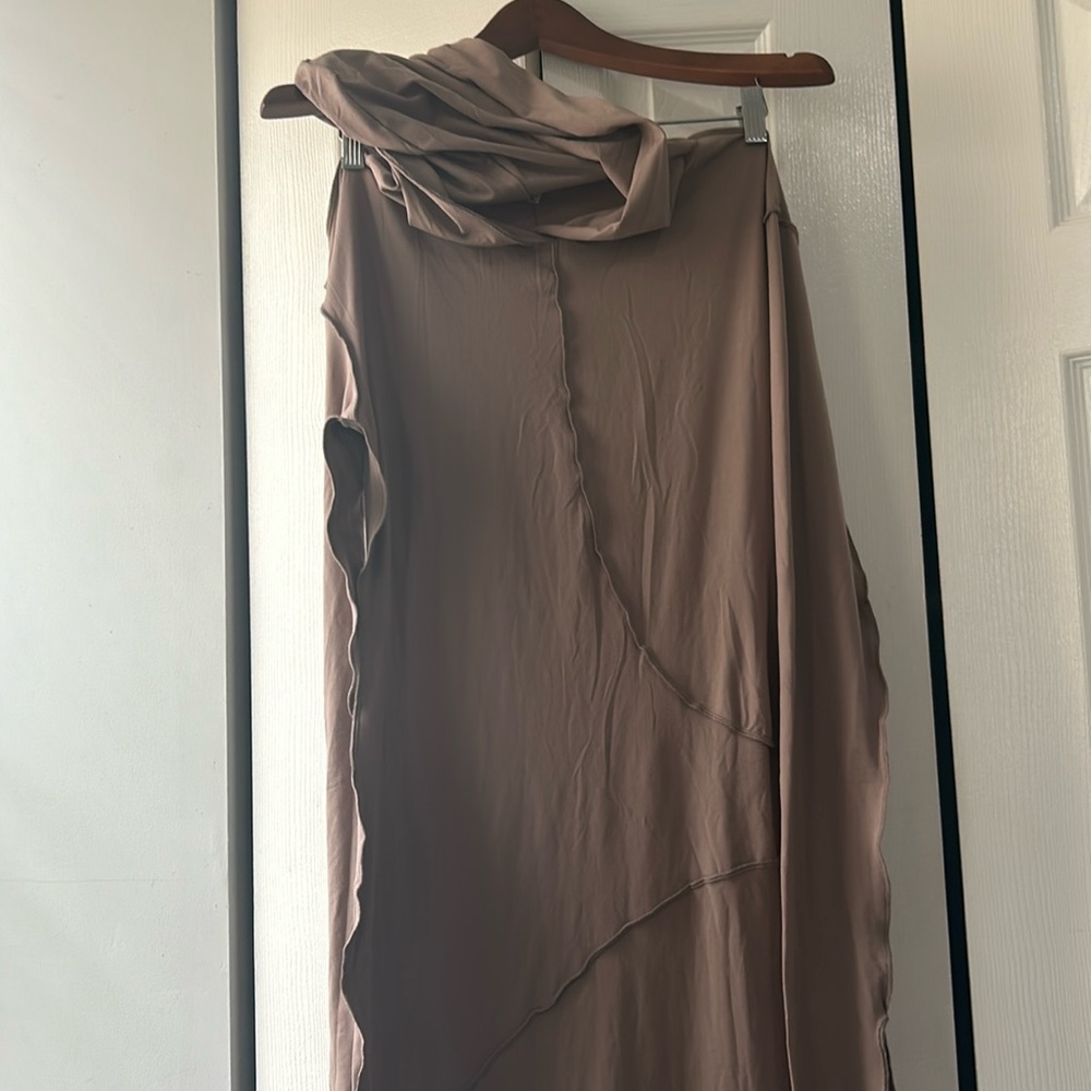 Tan/ Beige Ankle length dress with crossbody stitches throughout with Hood